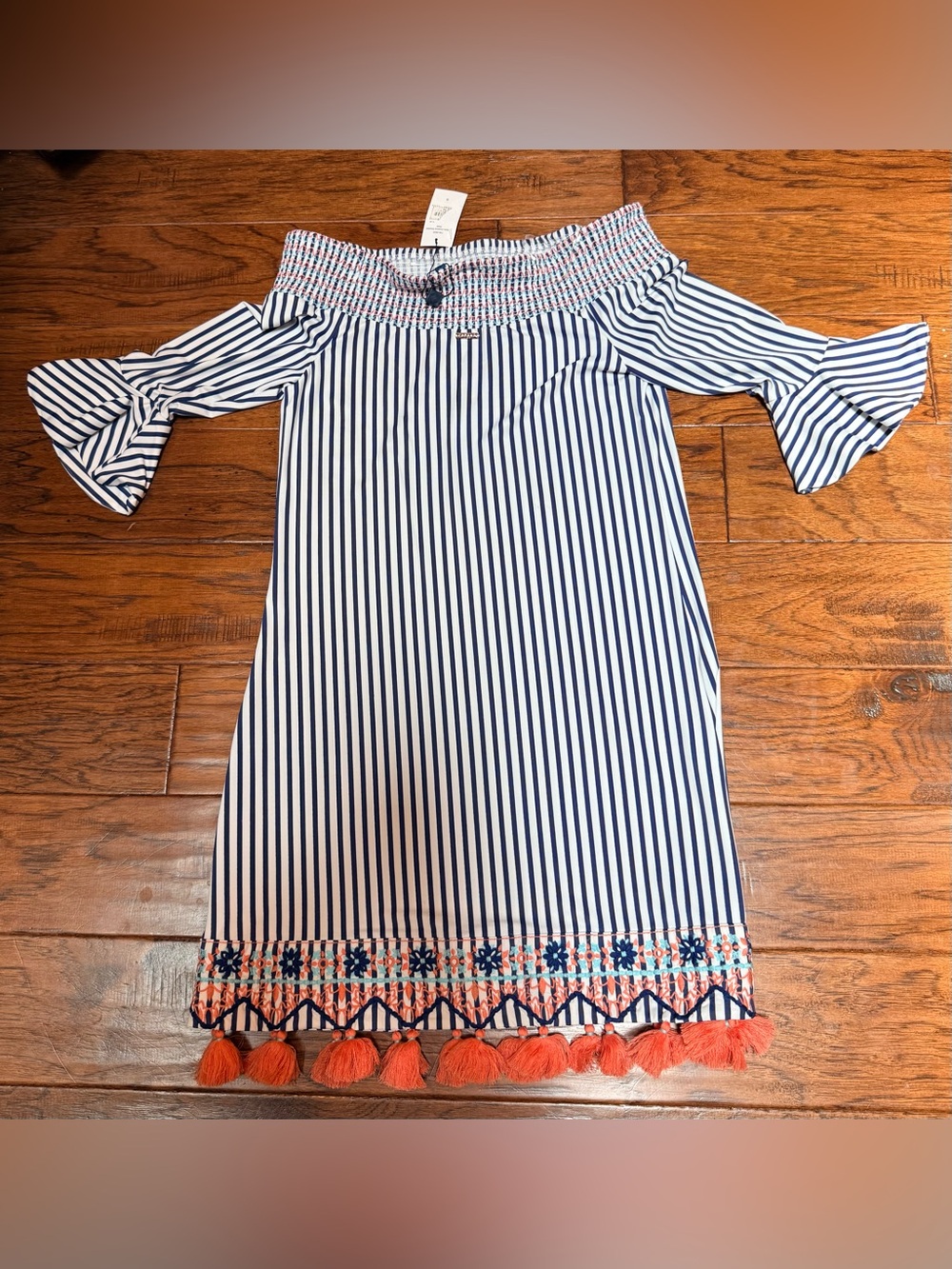 Cabana Life St. Barts Coverluxe Smocked Dress Tassel Hem Off Shoulder Small NWT - Picture 13 of 15